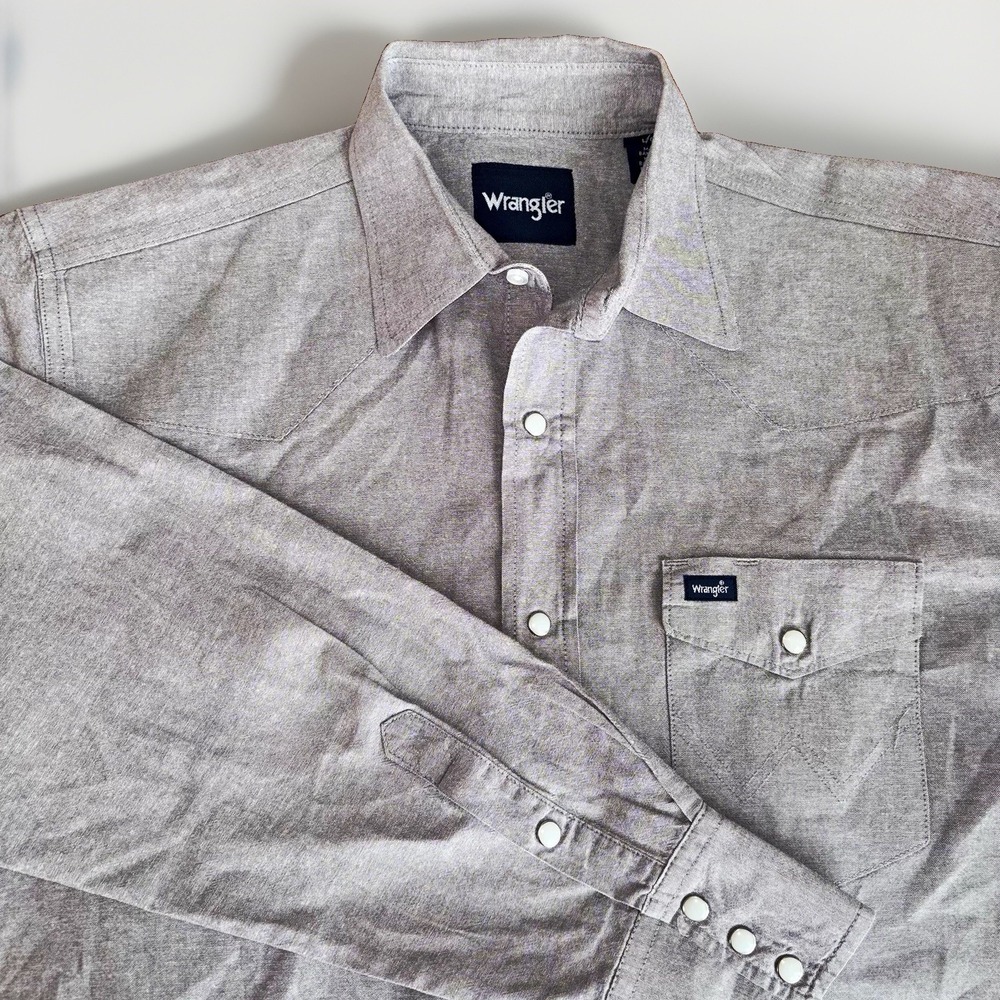 Wrangler Gray Solid Pearl Snap Button-Up Shirt Long Sleeve 100% Cotton Men Sz: L